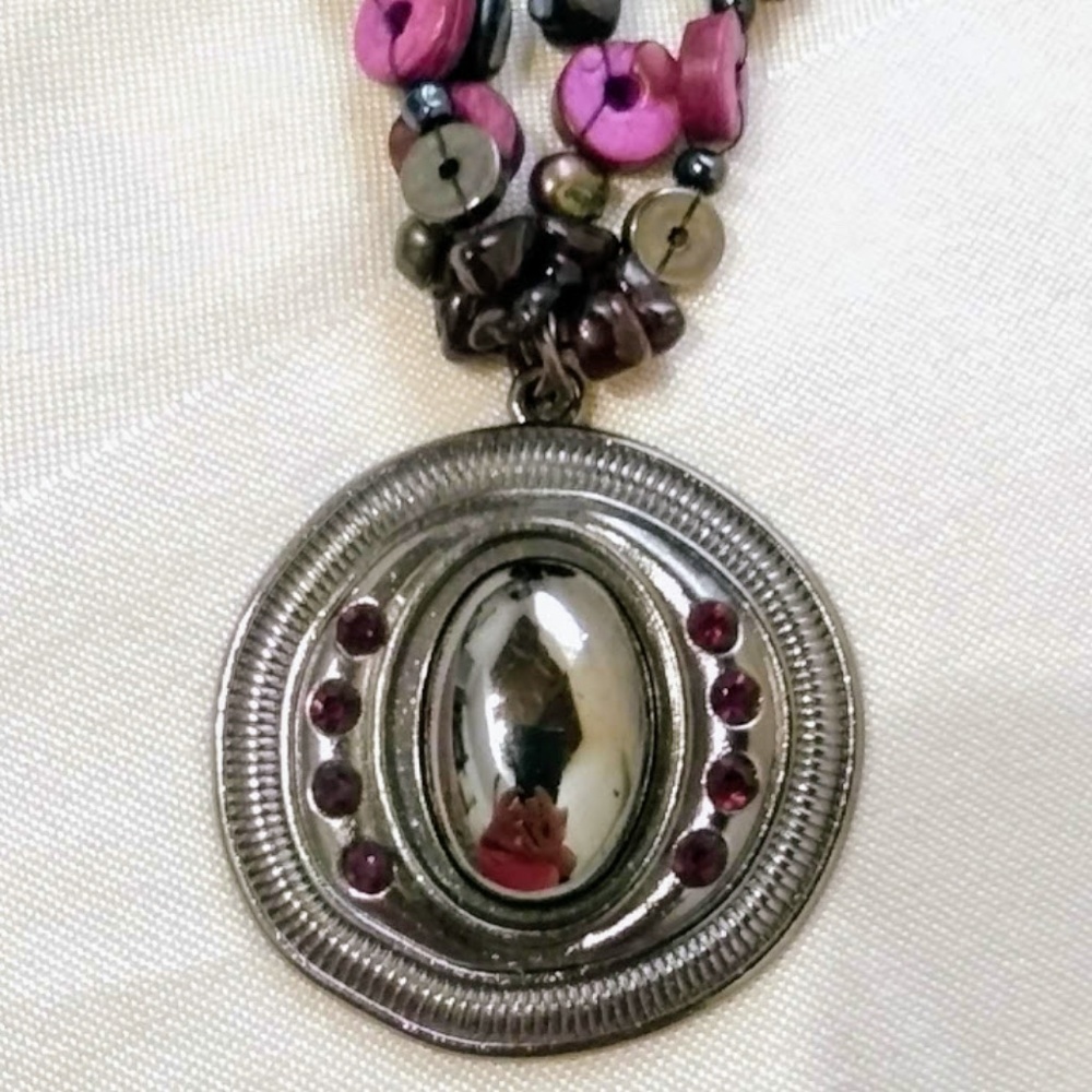 Vintage Boho Purple Blue Silver Tone Double Strand Pendant Necklace - Picture 5 of 7